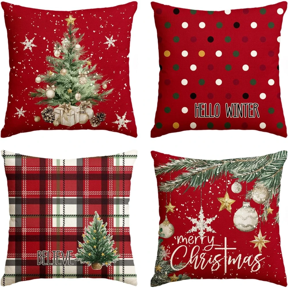 Merry Christmas Trees Snowflake Star Throw Pillow Covers, 18 x 18 Inch Xmas Balls Red Polka Dot Plaid Seasonal Hello Winter