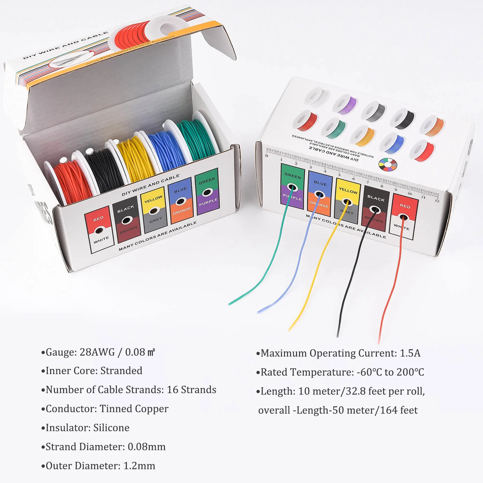 28 AWG Stranded Electrical Wire 28 Gauge Tinned Copper Wires Flexible Silicone Electric Hookup Wire Kit 5 Colors 32.8ft/10m Each