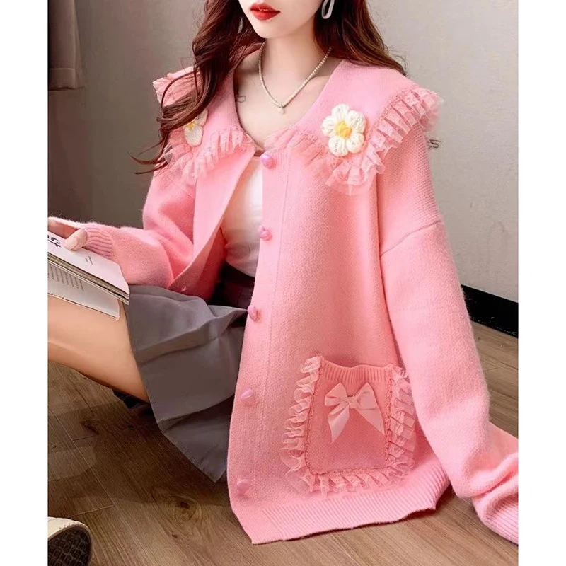 Sweet Peter Pan Collar Pockets Bow Lace Cardigan Sweaters Female Clothing 2024 Autumn Winter New Loose Knitted Young Style Tops