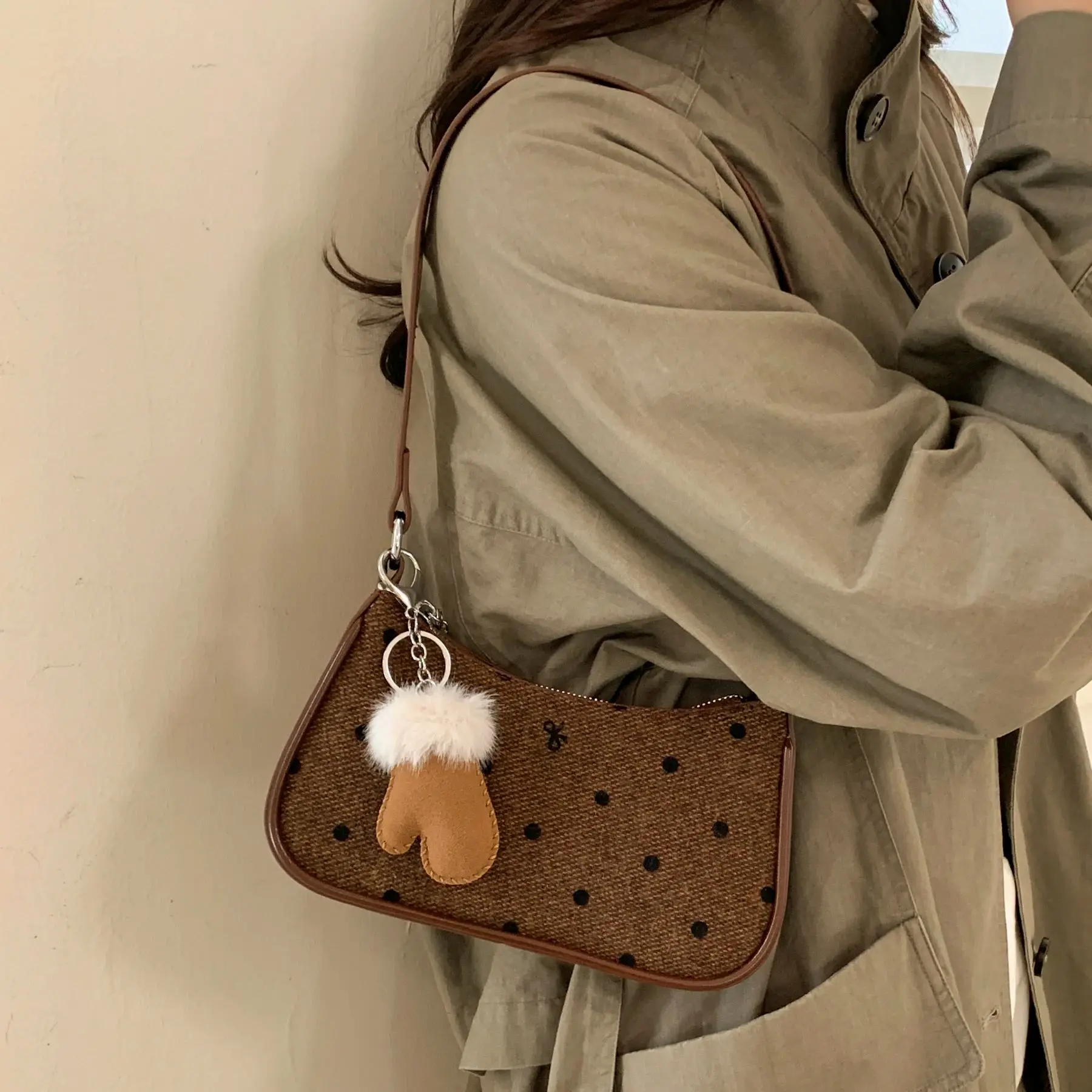 الكورية نمط المرأة حقيبة مربعة صغيرة عصرية البولكا نقطة القوس حقيبة كتف مطبوعة نسيج غير رسمي الربط حقيبة كروسبودي صغيرة