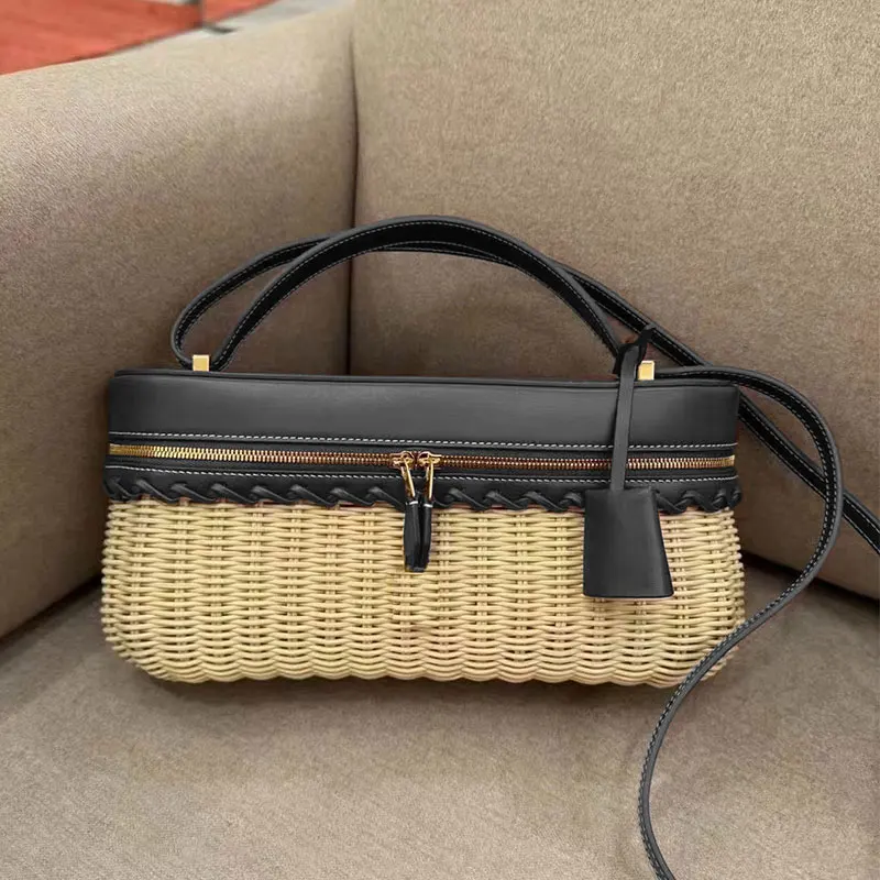 

Women Casual Straw Box Bag Large Capacity PU Leather Trendy Crossbody Bag Versatile Handbag Travel Shopping Commute Bag