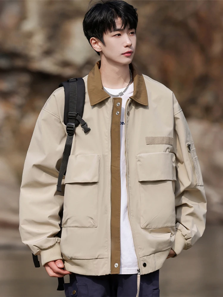 

Цветная блузка, свободная посадка, мужская одежда Jaet, весенне-осенняя модная рабочая одежда с воротником, длинное волокно из полиэстера, застежка-молния