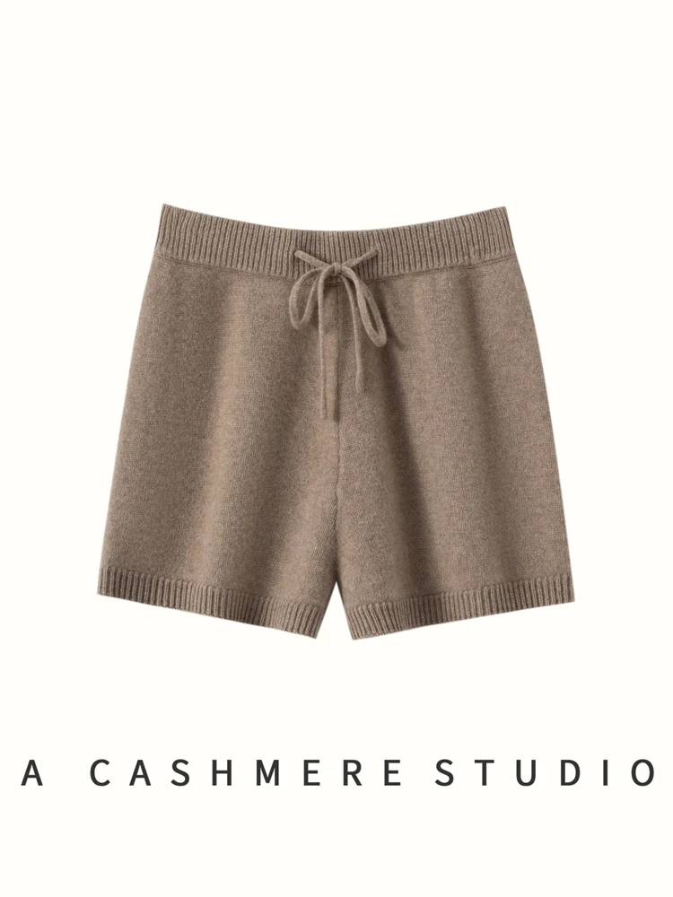 Women Cashmere Shorts Thicken Drawstring Screw Threaded Elastic Waist Short Pants Autumn Winter 100% Cashmere Knitted Fit Shorts