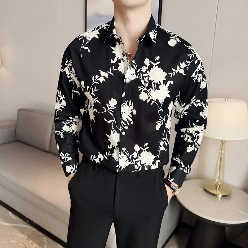 2024 Spring Mens Long Sleeved Shirt Men Printed Hawaiian Floral Shirt Male Vintage Flowers Oversized Shirt Korean Clothing 8XL