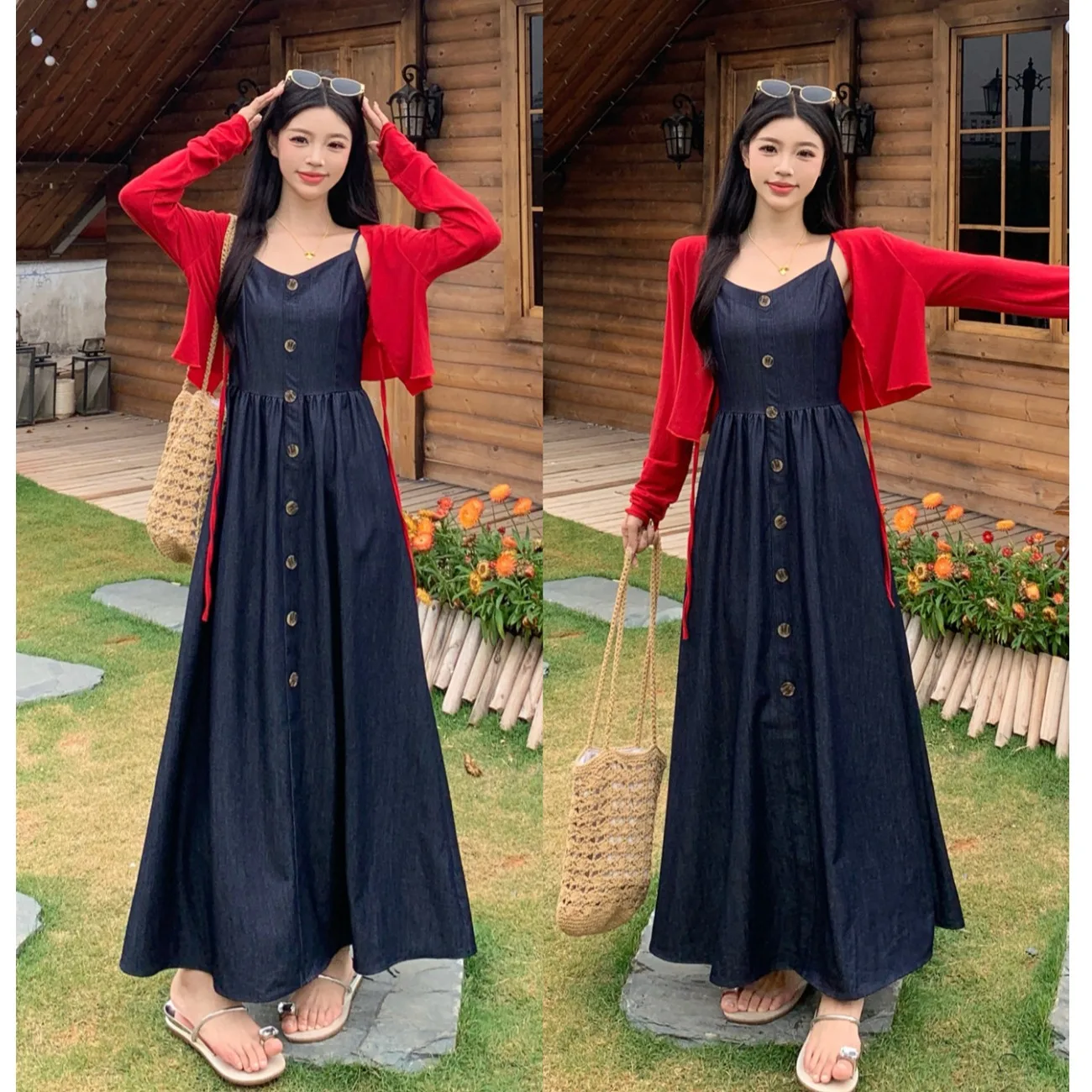 

plus Size Women's Vintage Off-oulder Knitted Dr Red Color Spring Summer Two-Piece Set Meat Concealing Midi Dr