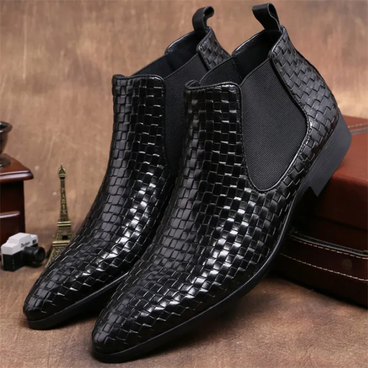 Woven Design Black Ankle Boots Mens Wedding Boots Genuine Leather Summer Boots Male Motorcycle Boots Outdoor Shoes