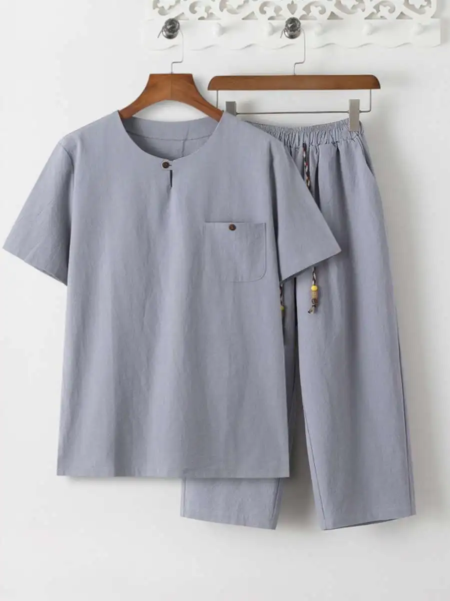 

Summer Casual Cotton Linen Men's T-irt And Seven-Foot Pants Two-Piece Set ort Sve andpa Clothes for Middle-Aged And ...