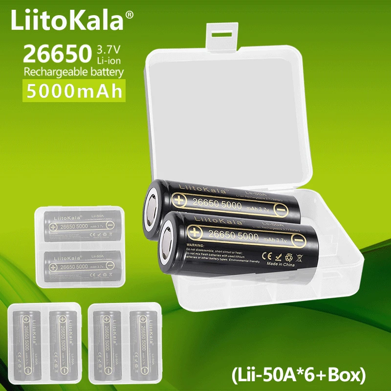 

6PCS LiitoKala lii-50A 26650 5000mah lithium battery 3.7V 5000mAh 26650 rechargeable battery 26650-50A suitable for flashligh