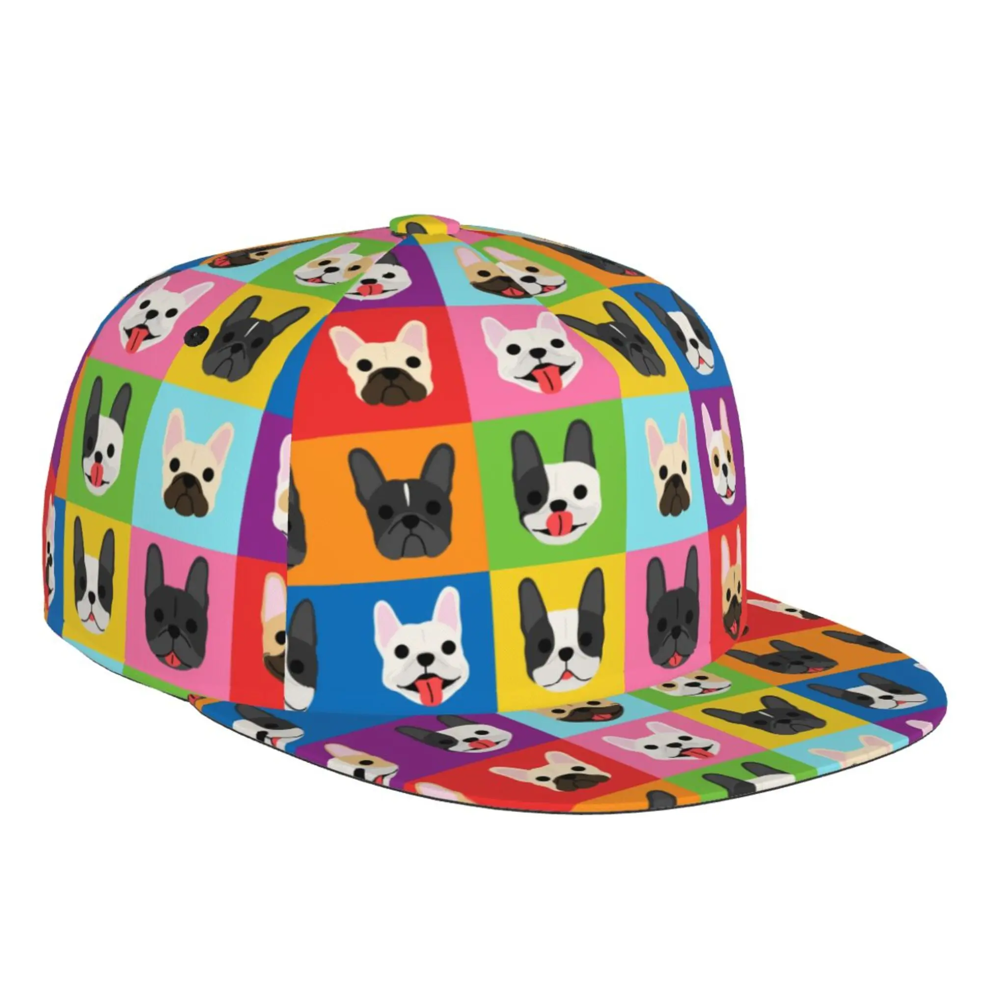 

France Pug Dog Colorful Hip Hop Flat Brim Baseball Cap Snapback Visor Unisex Adult Adjustable Print One Size for Sports Travel