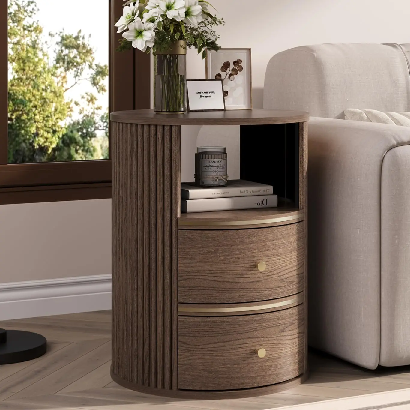 

Fluted Round End Table 2 Drawer Open Shelf 24in Sofa Side Nightstand Walnut, Customized