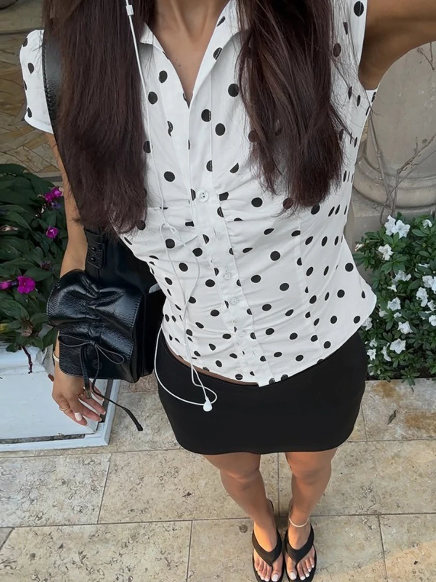 TWOTWINSTYLE Solid Loose Spliced Printing Chic Shirts for Women Lapel Short Sleeve Korean Sweet Shirt Female Summer Fashion New