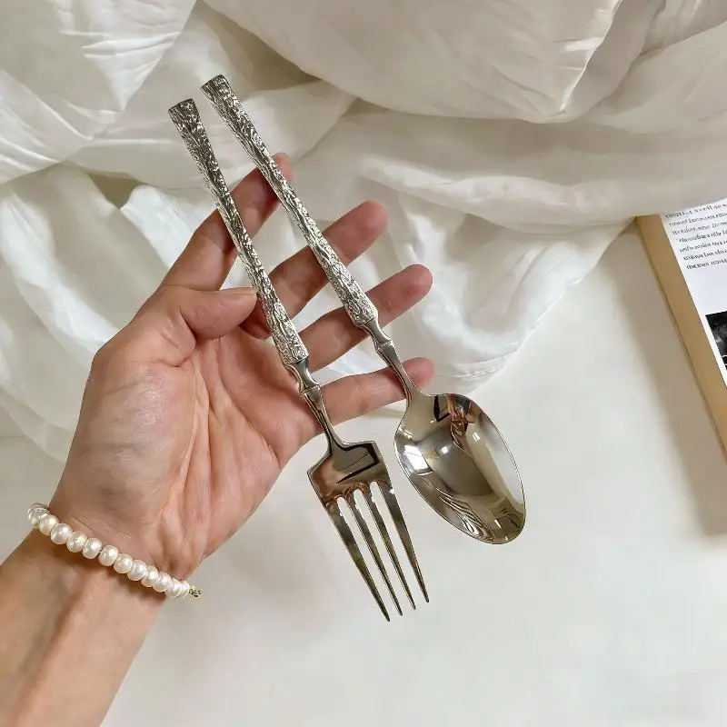 Stainless Steel Long Handle Spoon Dinnerware Set Western Steak Cutlery Ice Pattern Spoon Fork Tree Bark Pattern Small Waist