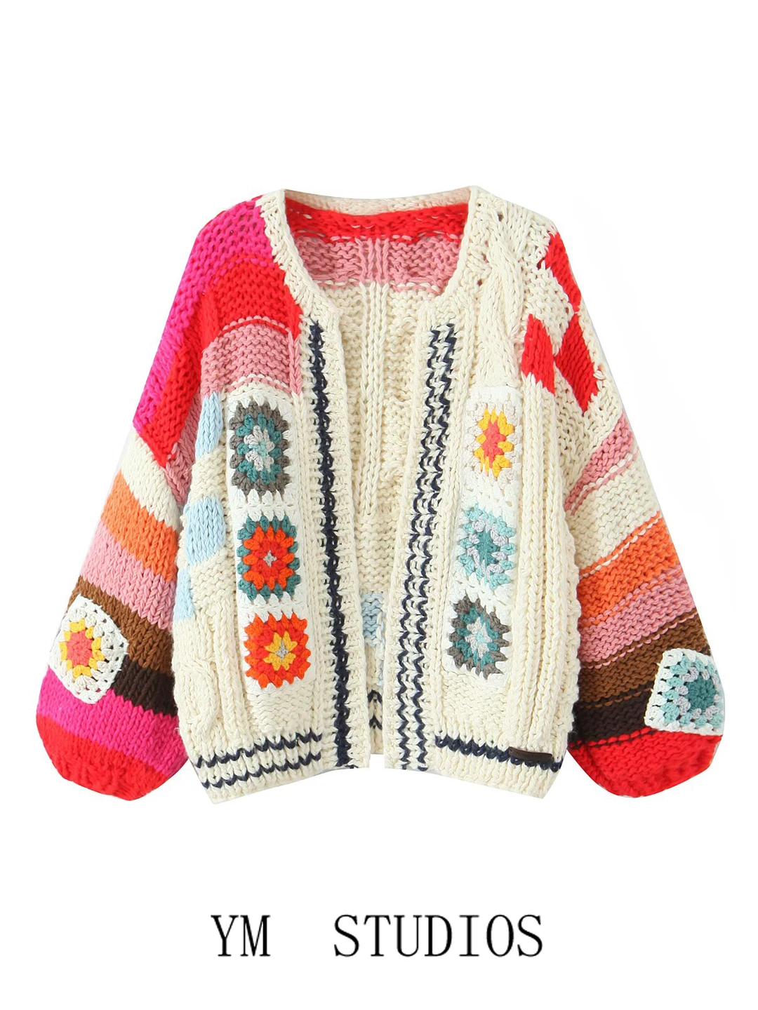 

Милый ретро цветной блуз с цветочной вышивкой, тонкий открытый кардиган, свободный повседневный свитер для женщин, осенний сезон, V-Ne, длинный слэ...