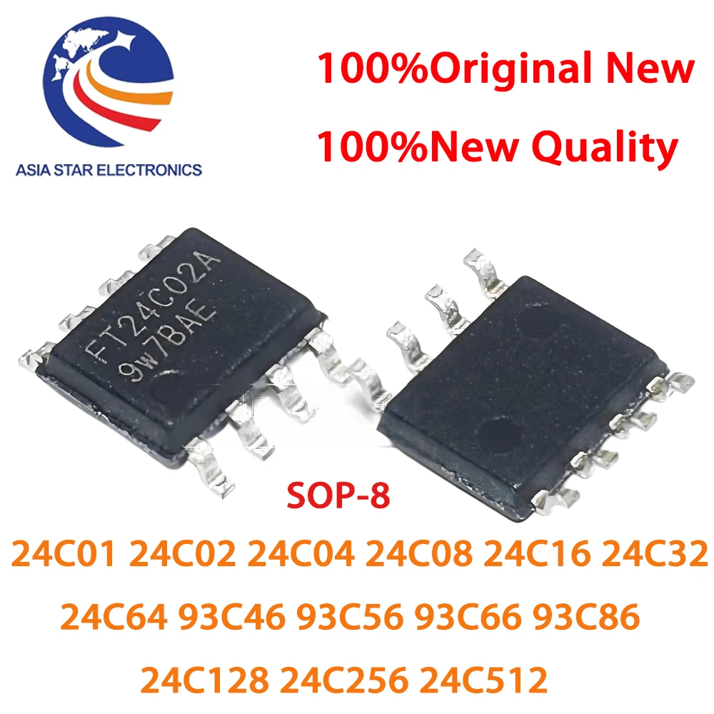 10PCS New 24C01 24C02 24C04 24C08 24C16 24C32 24C64 93C46 93C56 93C66 93C86 24C128 24C256 24C512 SOP-8 IC Chip Stock Wholesale