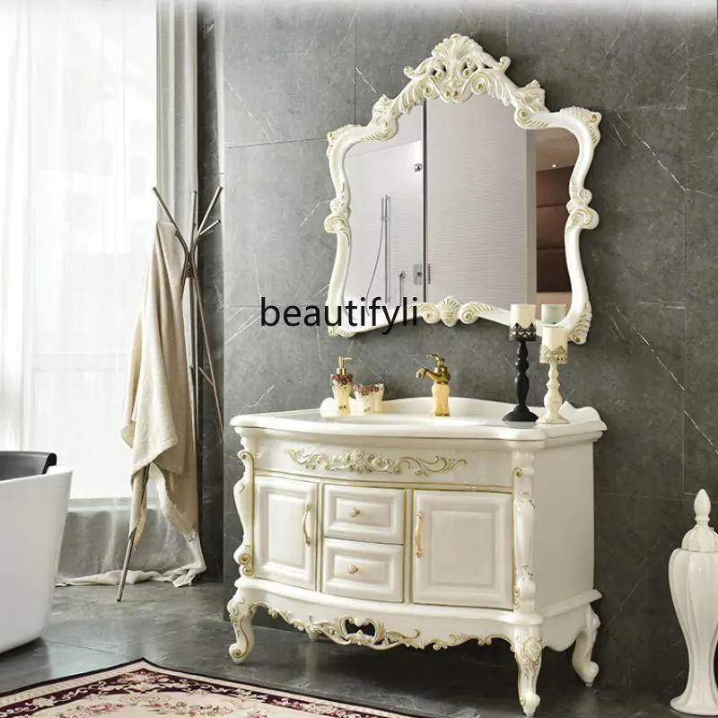 

yj European-Style Bathroom Cabinet Combination Integrated Bathroom Light Luxury Jade Washstand Floor Bathroom Cabinet