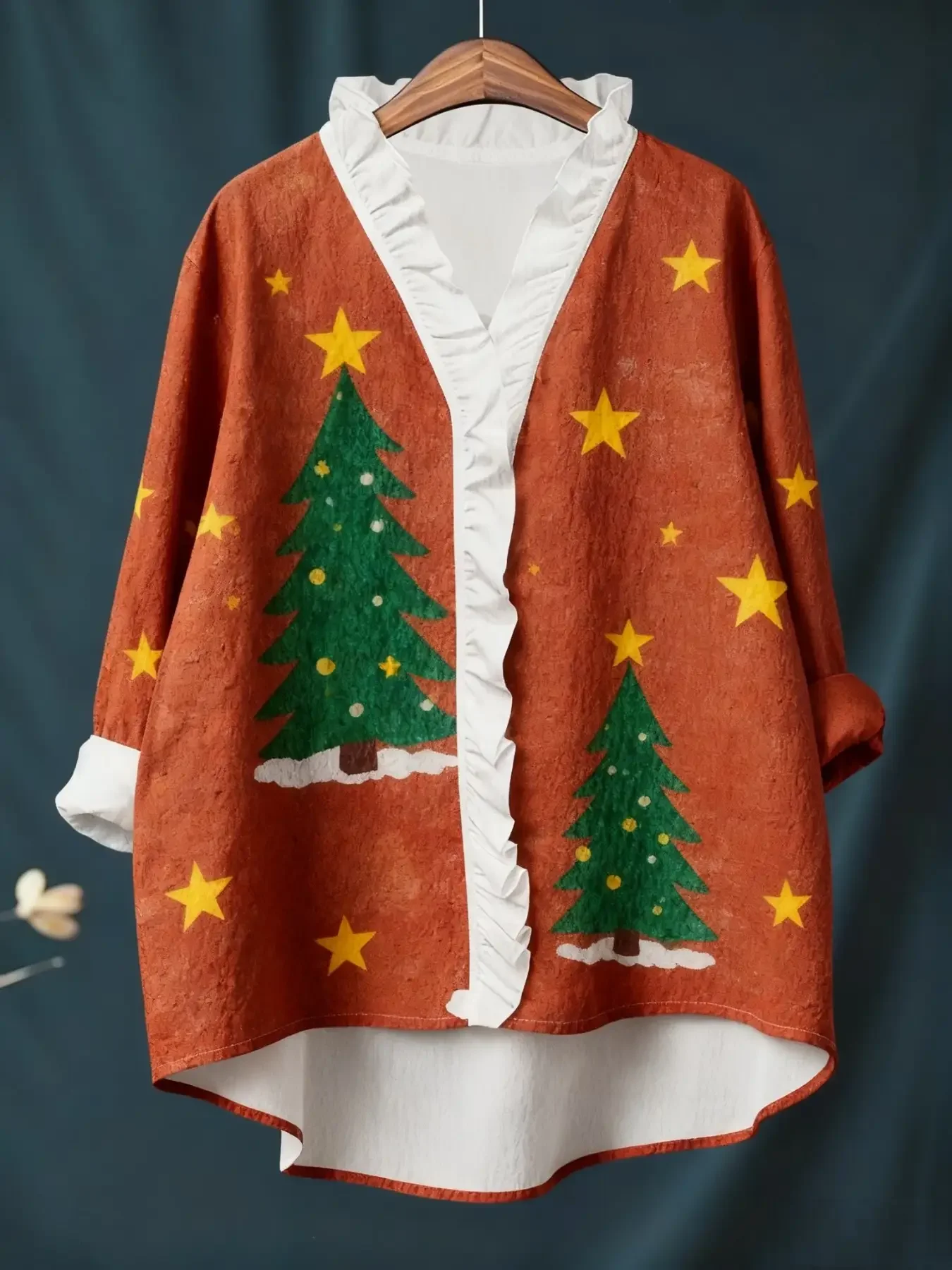 قميص نسائي جديد بأكمام طويلة مطبوع رقميًا لعيد الميلاد مع ياقة مكشكشة، مقاس فضفاض، ملابس حمراء وحيوية #6