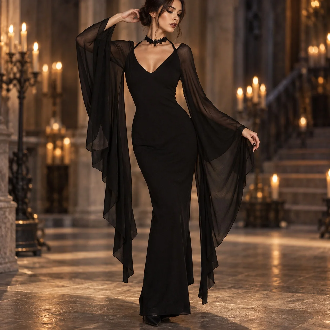 V Neck High Waist Dress Batwing Silhouette Dark Style with Flutter Sleeves Streetwear Evening Dress for Autumn for Women