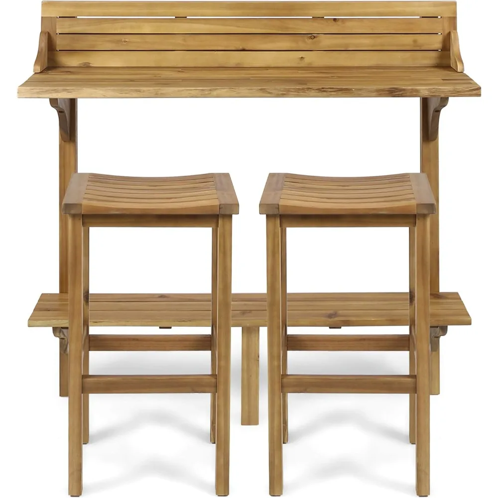 CCaribbean Outdoor Acacia Wood Balcony Bar Set, 3-Pcs Set, Natural Stained Light Brown