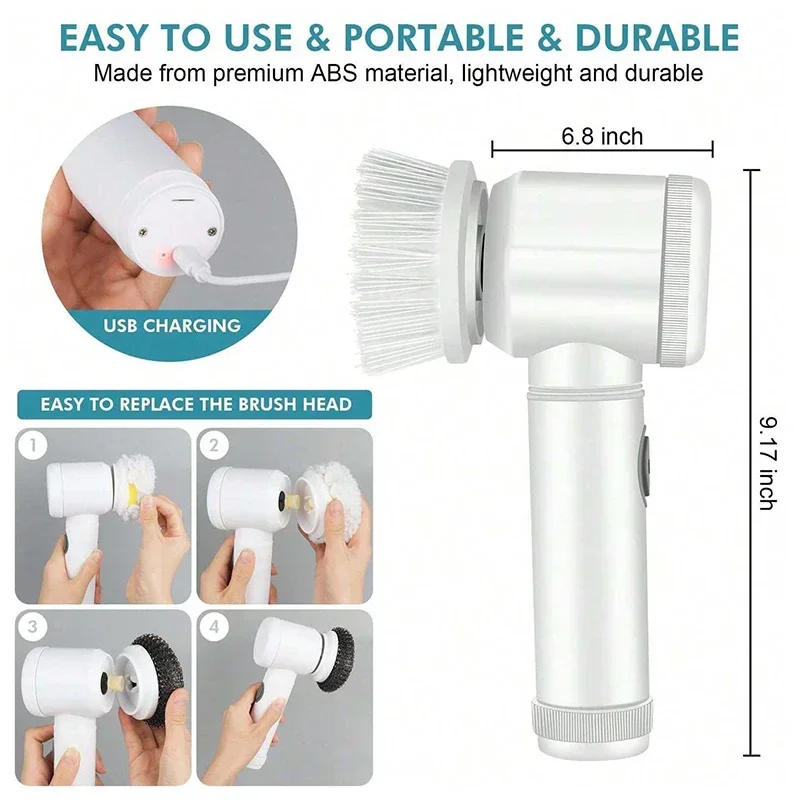 Electric Scrubber Spin Cleaning Brush Power Scrubber With 5 Replaceable Brush Heads Electric Cleaning Brush Dining Plate Kitchen