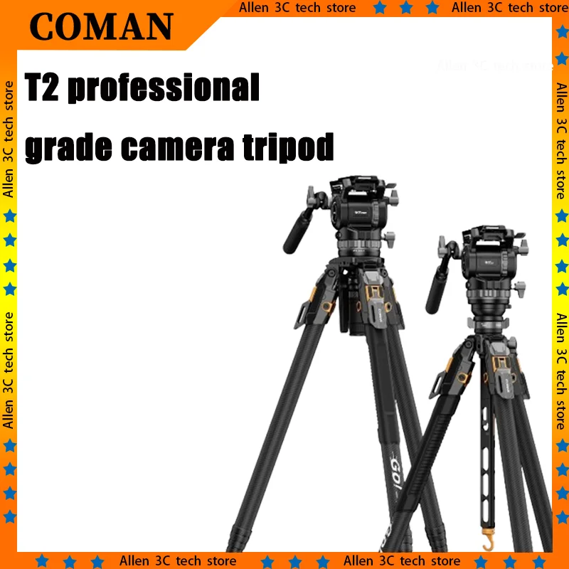 COMAN T2 Carbon Fiber Camera Tripod Professional Hydraulic Damping Head 25Kg High Load For DSLR Video Shooting Quick Level
