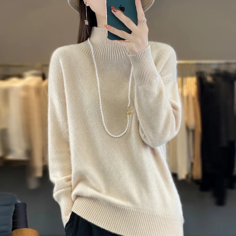 24 autumn and winter new women\'s 100% cashmere wool semi-turtle neck women\'s sweater soft and comfortable blouse loose pullover