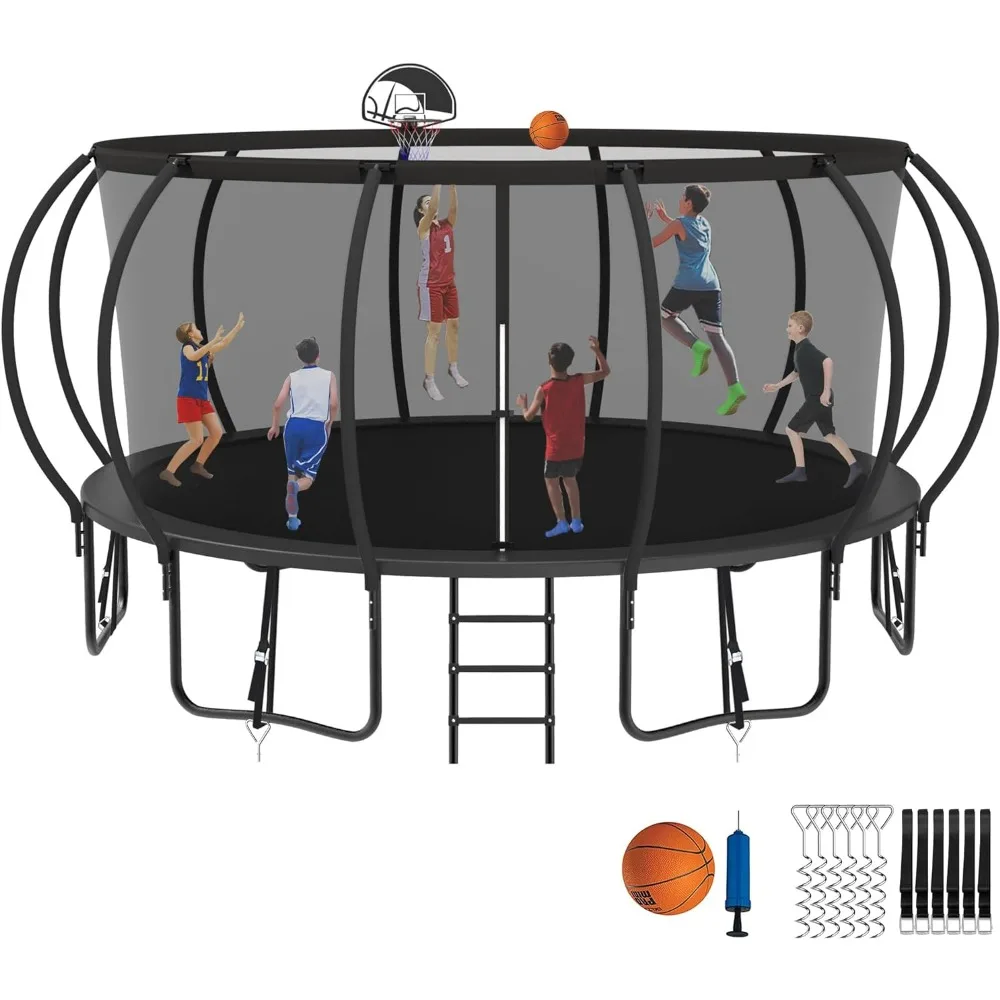 1500LBS 14FT Tranpoline for Adults Kids, No Gap Design Pumpkin Tranpolines, Stakes, Basketball Hoop,Safety Enclosure Net, Ladder