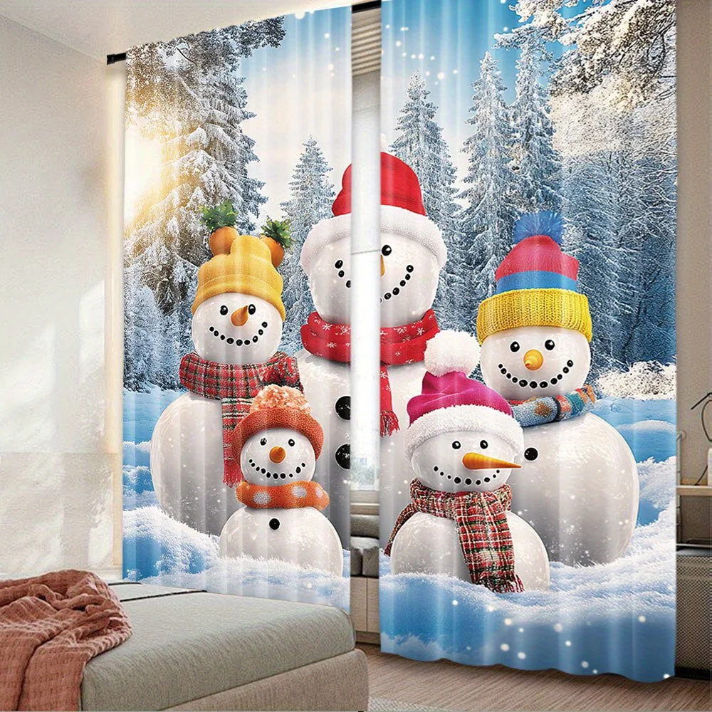 Cute Snowman Family Curtains, Winter Snow Scene Window Drapes, Christmas Kids Room Decor Blackout Fabric for Living Room Nursery