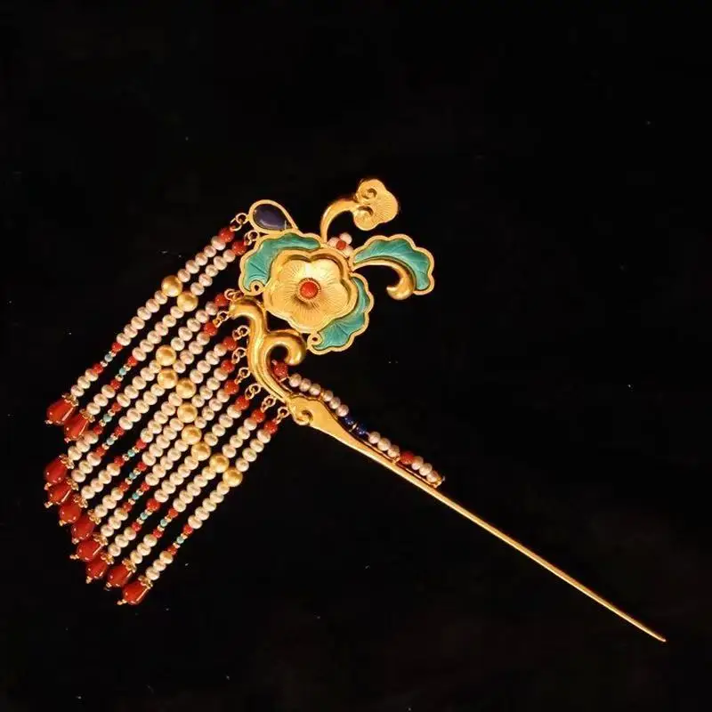 Gold Plated Copper Tang Dynasty Hairpin Wu Zhou Mural Reproduction Antique Tassel Step Shake Hair Accessory for Hanfu Jewelry