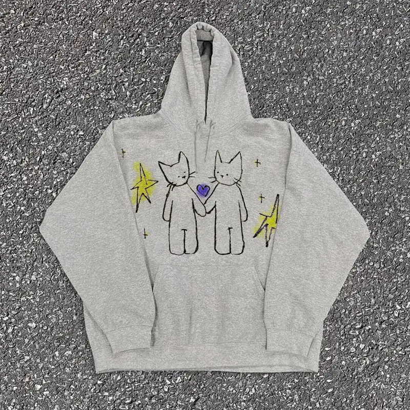 

Американский граффити, звезда, кошка, модный свитер с капюшоном и принтом, осенне-зимний новый мужской и женский модный брендовый топ