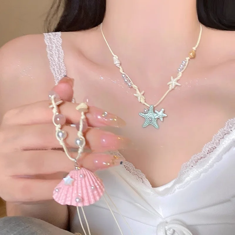 

Fashion Dopamine Blue Shell Starfish Necklace for Women Sweet Irregular Colorful Beaded Necklace Crystal Chokers Jewelry Gifts