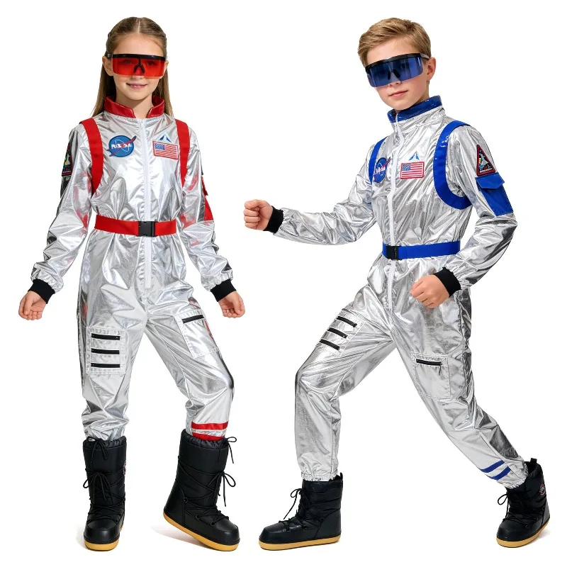 

Astronaut Cosplay Space Silver Jumpsuit with Belt Glasses Full Set Role Play Outfit School Stage Performance Clothes Girls Boys