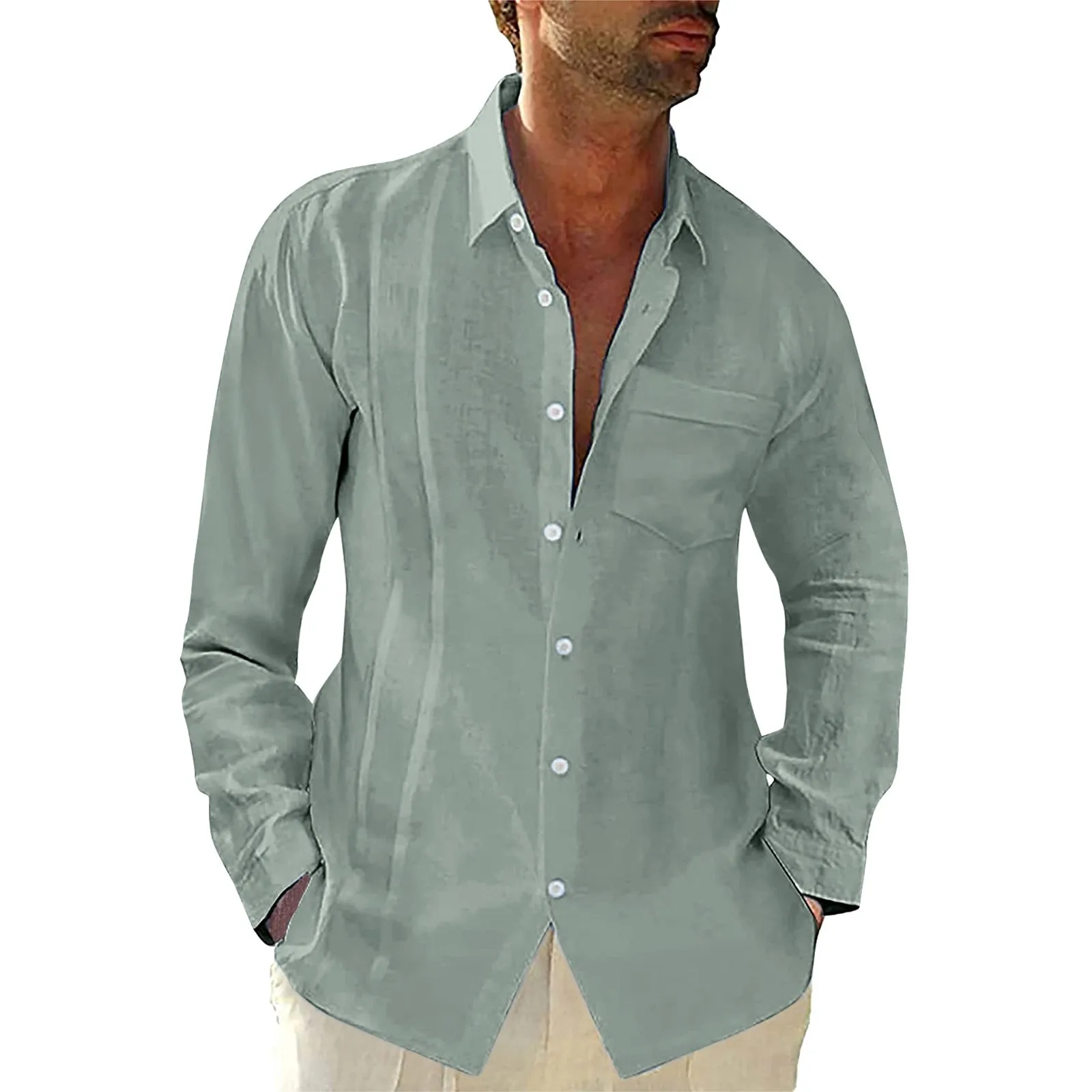 Cotton Linen Hot Sale Men\'s Long-Sleeved Shirts Summer Solid Color Stand-Up Collar Casual Beach Style Plus Size Men Linen Shirt