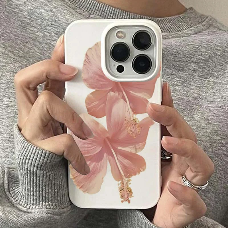 

Retro Two Hibiscus Flower Pattern White Soft TPU Phone Case For iPhone 16 Pro Max 16E 15 14 13 12 11 XS X XR 7 8 Plus SE2 Cover