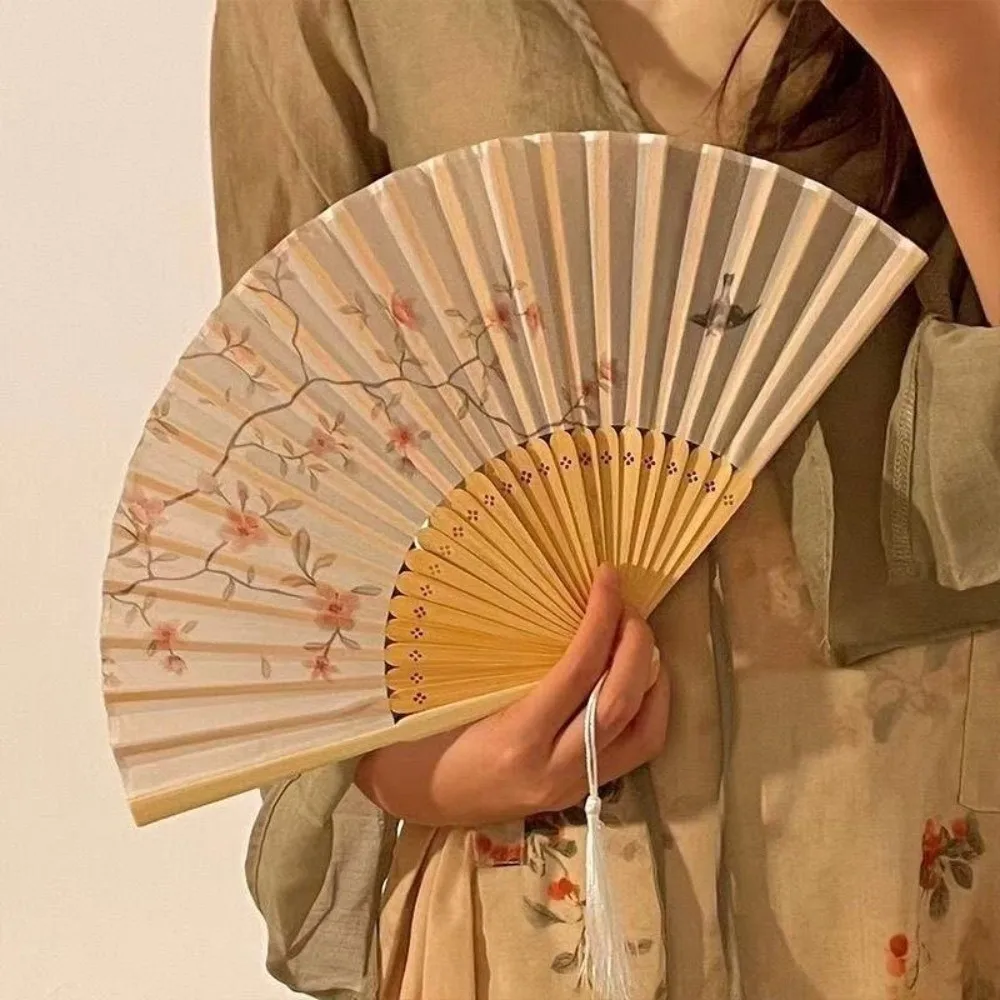 Portable Chinese Style Folding Fan Flower Pattern Elegant Bamboo Fan Decorative with Tassel Dance Fan Photo Props