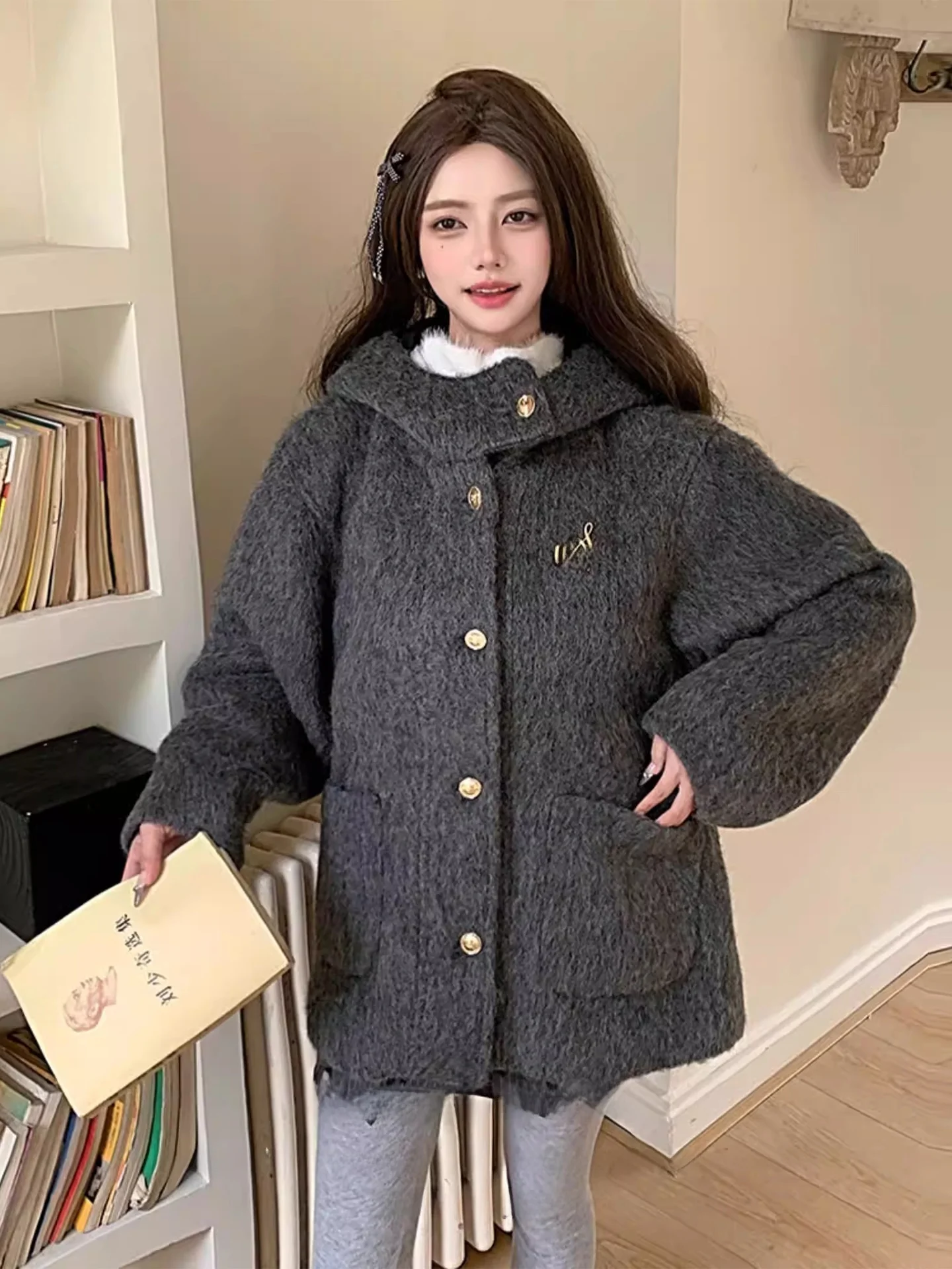 

Korean Sle Woolen Coat Women's Spring Autumn Loose Single Button Jaet Long Sve Warmth Inner ket Metal Decoration