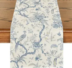 Chinoiserie Peacock Flower Linen Table Runner Dresser Scarf Decor Farmhouse Kitchen Dining Table Runner Holiday Party Decoration