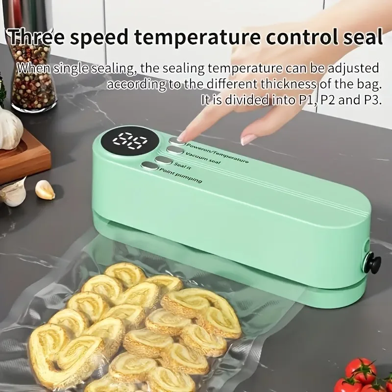Compact USB vacuum sealing machine set with digital display screen, suitable for food preservation, snacks, meat and vegetables