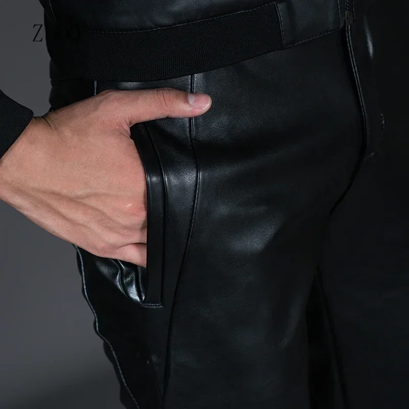 Winter New Men\'s Skinny Biker Faux Leather Pants Fashion Motorcycle Trousers for Male Stage Club Wear