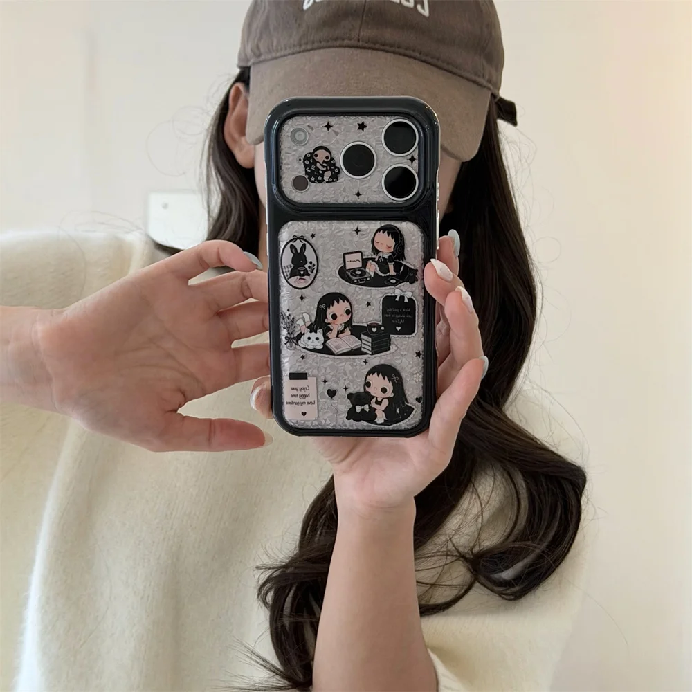 Korea ins Cartoon Glitter Black girl Phone Case For iPhone 18 Pro Max 18 Pro 17 16 15 Protection Shockproof Cute Cases Cover