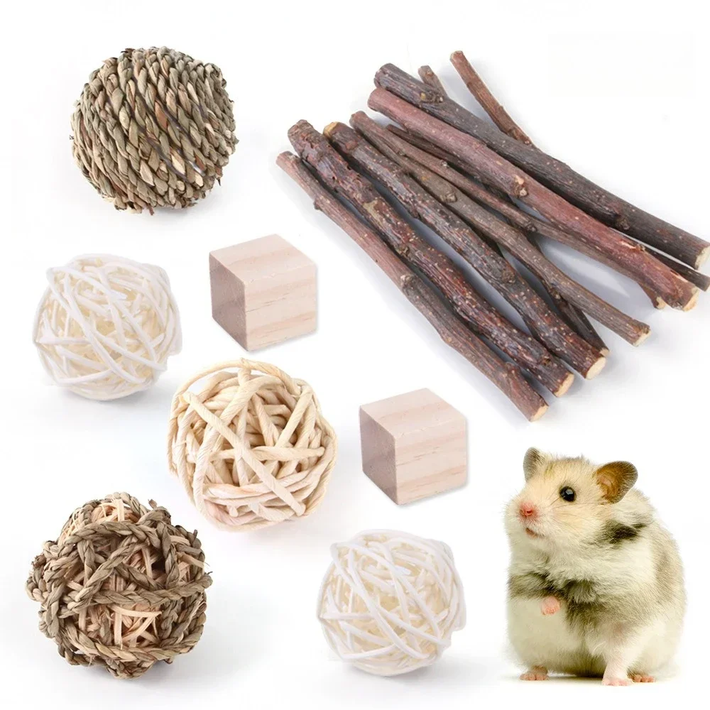 Natürliches Kauspielzeug für kleine Haustiere für Kaninchen, Meerschweinchen, Hamster, Grasbälle, hängendes Holzspielzeug, Linderung von Zähneknirschen und Langeweile – Detail 8