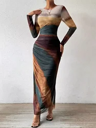 Spring and Autumn Temperament Sexy and Elegant Mid Length Dress Mesh Print Slim-fitting Hip Covering Belly Covering Party Skirt