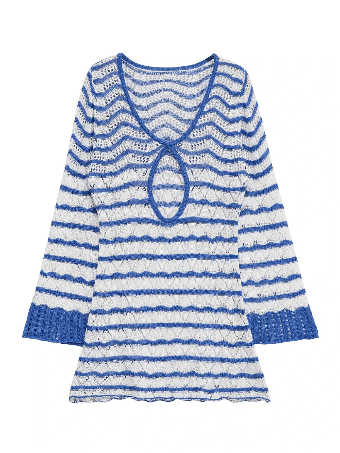 Verano Mujer Sexy Boho rayas cuello en V recortado manga acampanada tejido Mini vestido acampanado cubierta de traje de baño