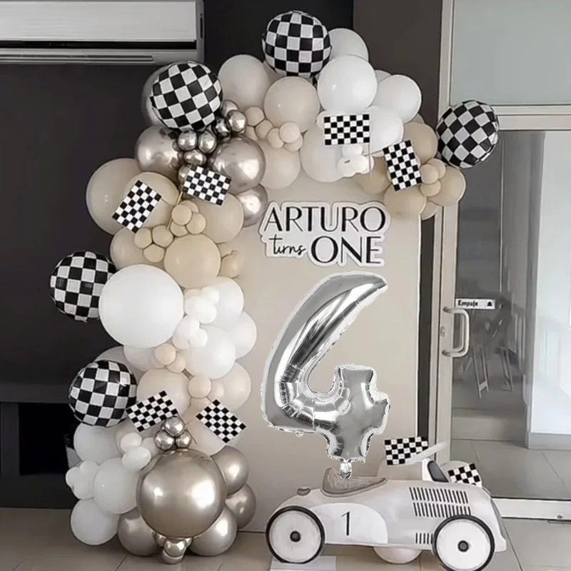 

Carnival Happy Birthday party decora White and silver racing balloons arched latex balloons with black and white balloon garlan