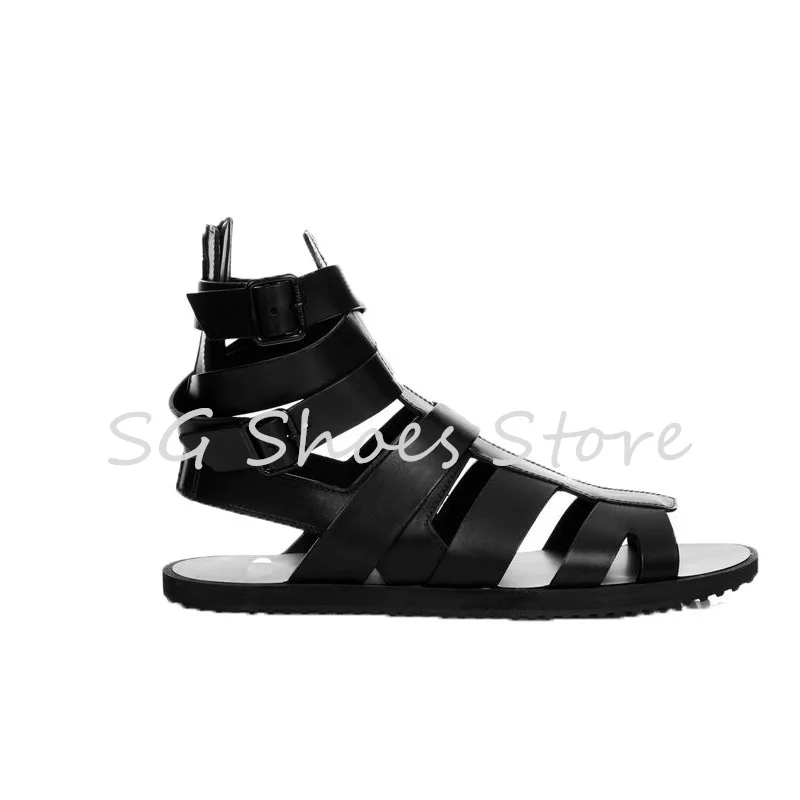 Black Genuine Leather Roman Weaving Sandals for Men Ankle Buckle Strap Cool Boots Male Casual Shoes Hollow Out Peep Toe Falts