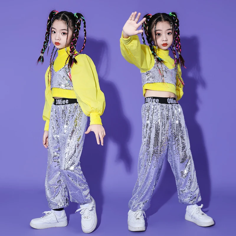 Kinder Street Dance Kostüm Modell Runway Fashion Kleid für Mädchen mit gelben Pailletten für Tanzaufführung