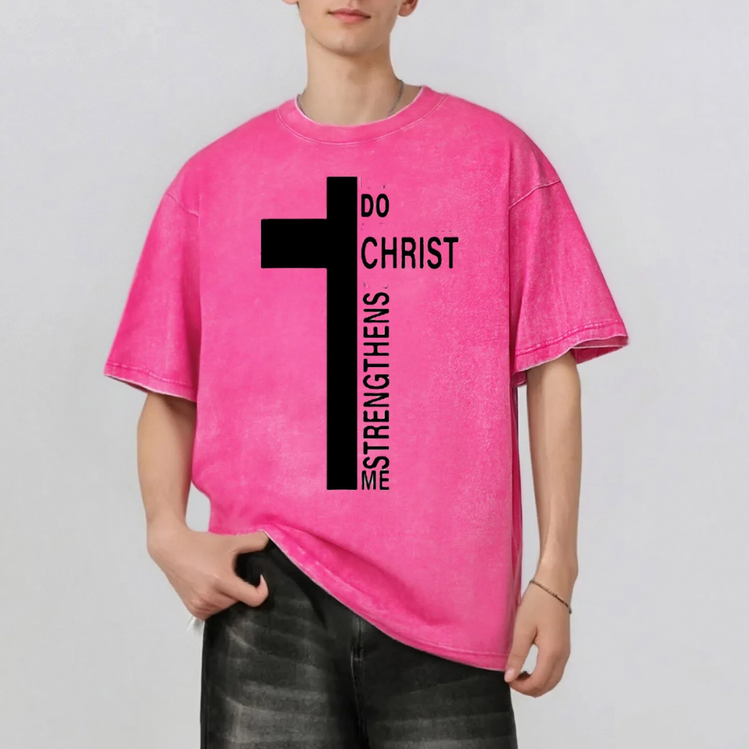 

Cross Graphic Print Fashion Retro Style Washed T-Shirt Casual Short Sleeve 100% Cotton Unisex Top 230G
