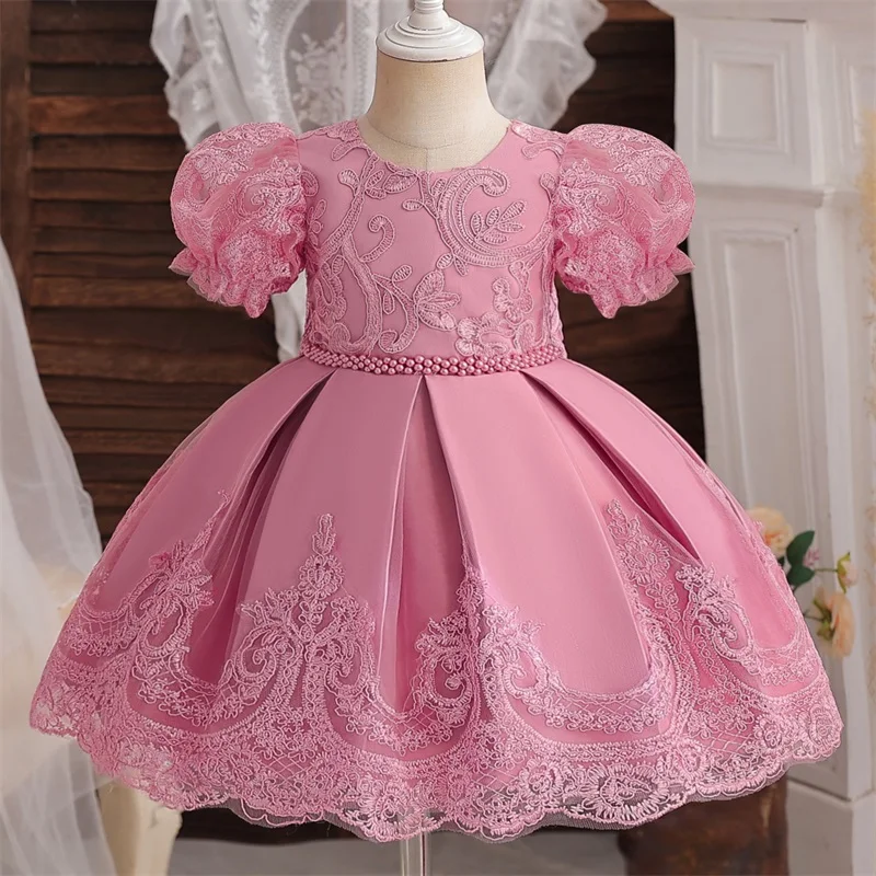 Vestido de encaje blanco para niña, vestido de princesa bordado, disfraz de flores para bautizo, boda infantil, manga abullonada