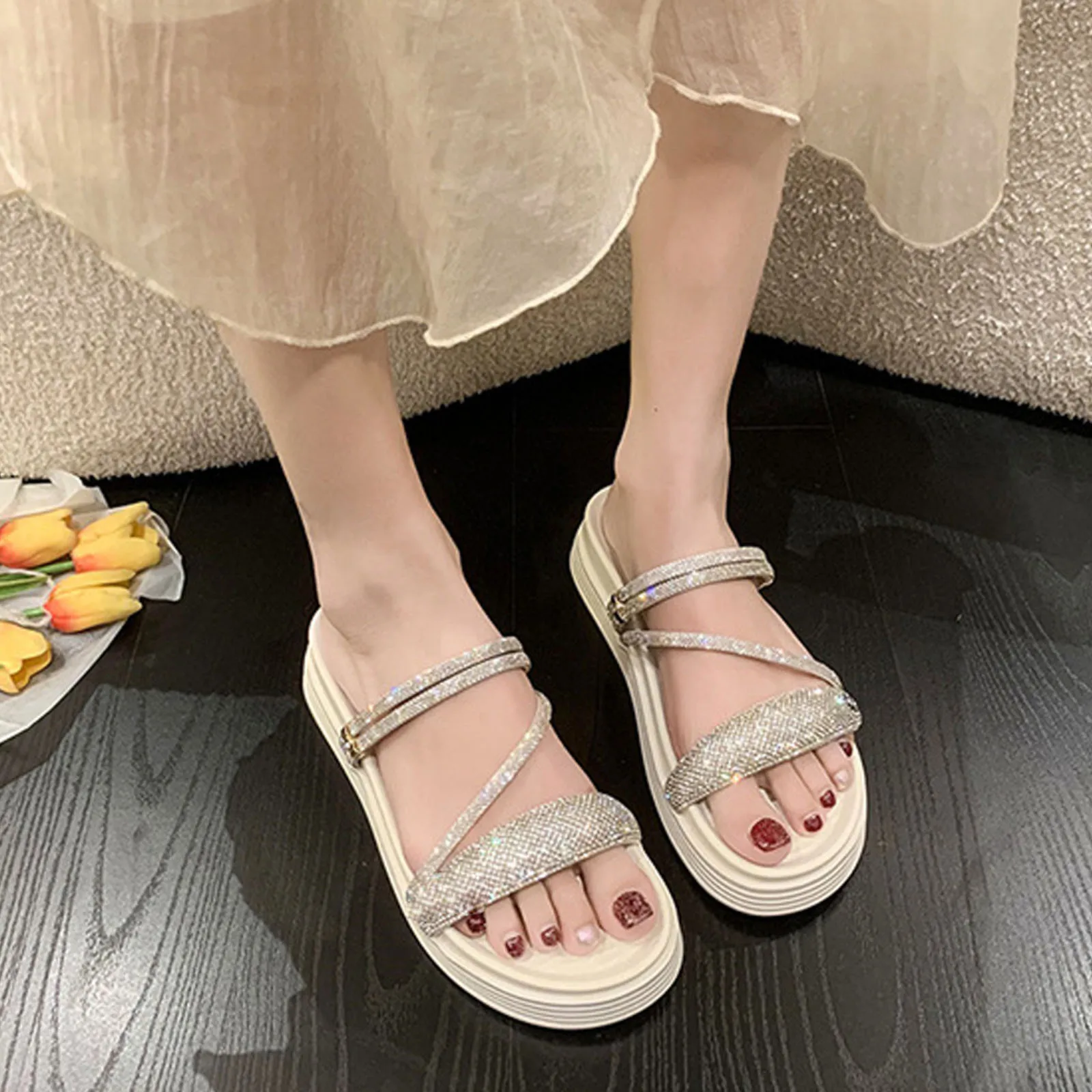 Summer Two Wear Round Nose Rhinestones With Matsutake Sole External Wear Sandals Outside Streetwear Indoor Outdoor Female Shoes