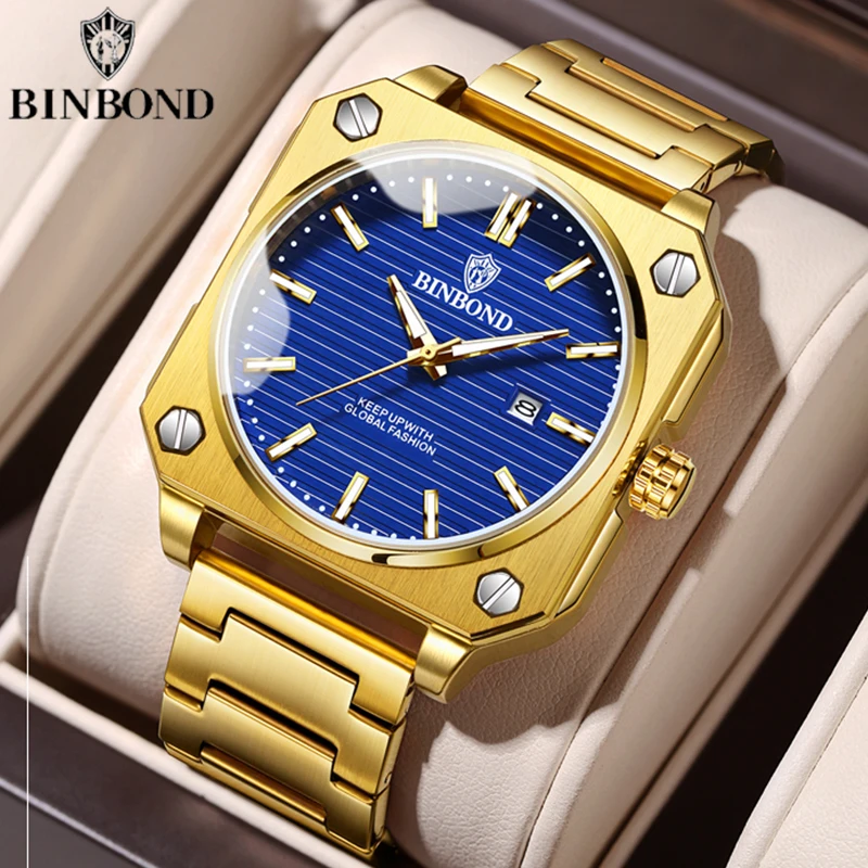 BINBOND B570 Luxury Square Business Men\'s Quartz Watch 30M Waterproof Luminous Calendar Stainless Steel Strap Fashion Men Watch