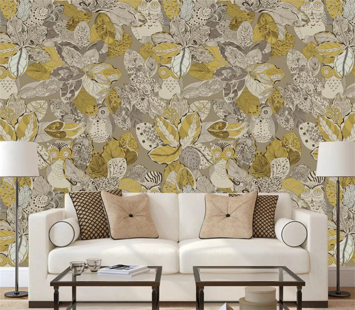 Modern hand drawn high-end art light luxury 3D plant leaf wallpaper background wall customized mural